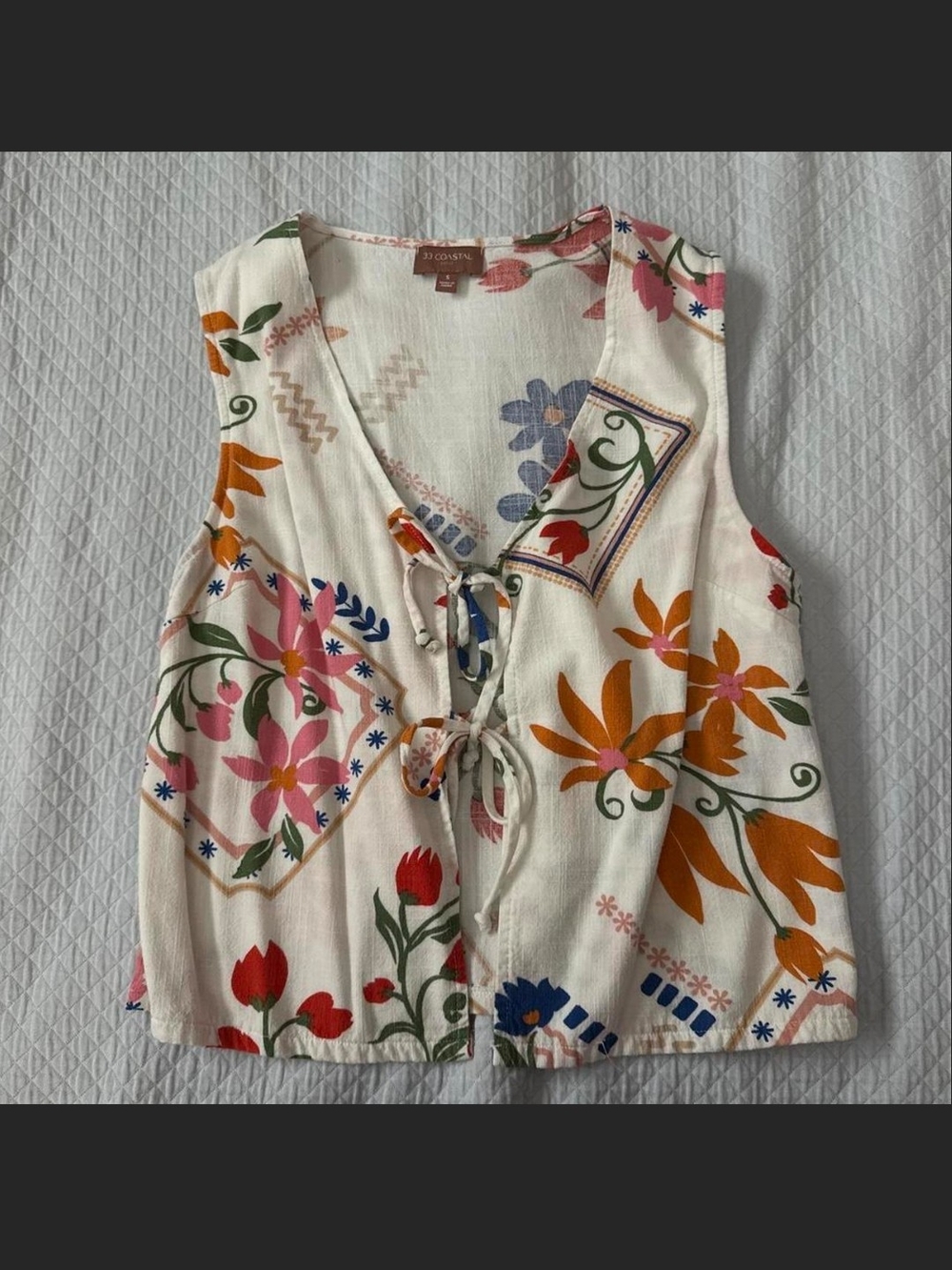 Tie-Front Floral Tank Top in Cream with Orange & Pink Accents